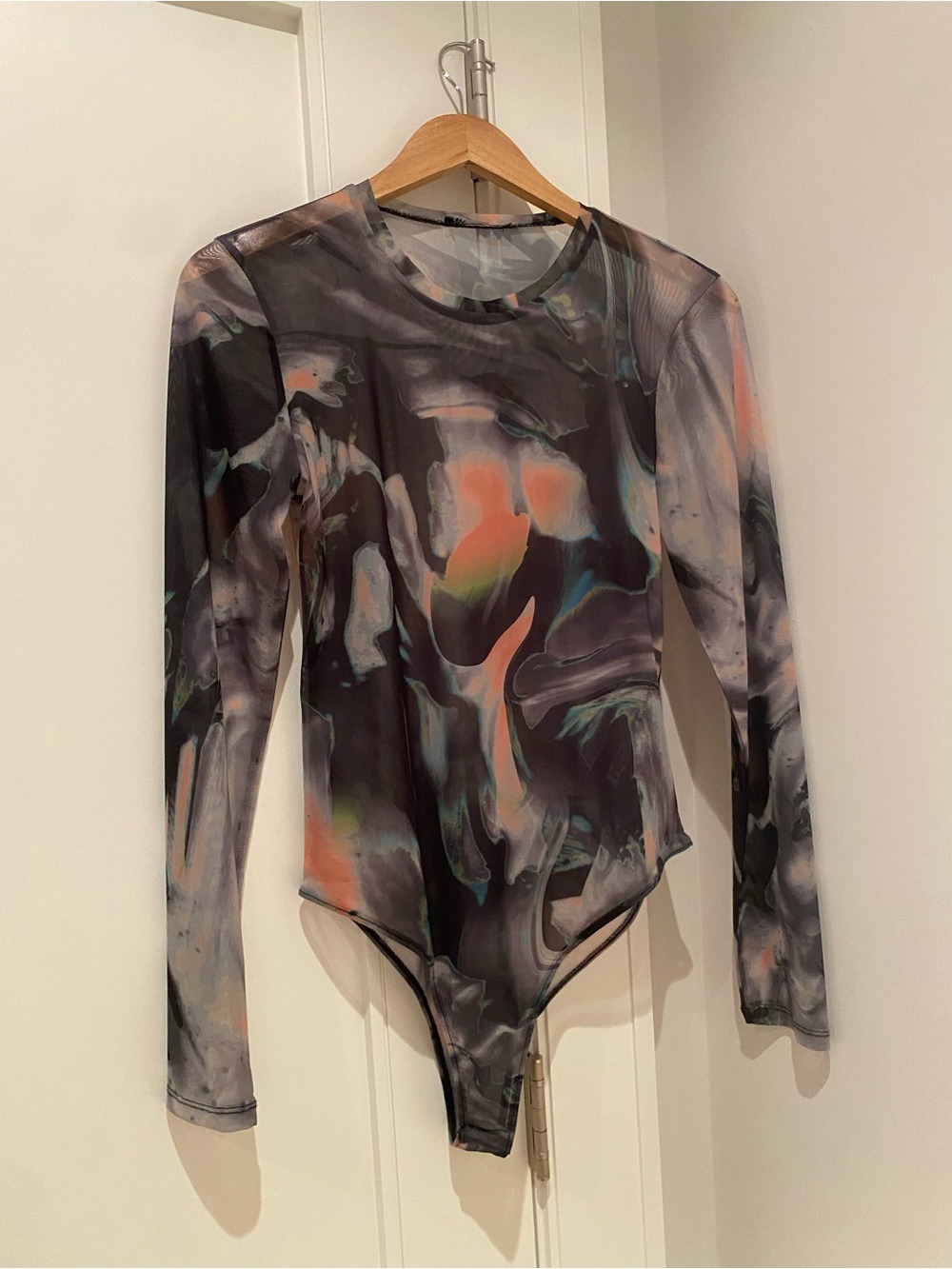 Zara Marble-Print Long Sleeve Bodysuit in Black with Coral & Teal Accents